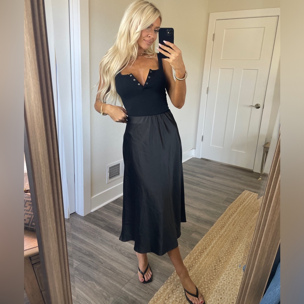 Black Satin Midi Skirt - Women's Classic Slip Skirt - Picture 3 of 3